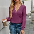 thumbnail image 4 of ATOYSOY Outwear Fall Solid Color Tops Casual Cotton Linen Deep V Neck Pullovers Loose Shirts for Women Trendy Long Sleeve Tees Purple M, 4 of 6