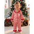 thumbnail image 4 of Cjfdfy Toddler Baby Girl Boy Christmas Satin Pajamas Tree Santa Claus Print Long Sleeve Ruffle Trim striped Shirt Pants Kids Baby Cute My First Christmas Holiday Sleepwear 1-6Y, 4 of 9