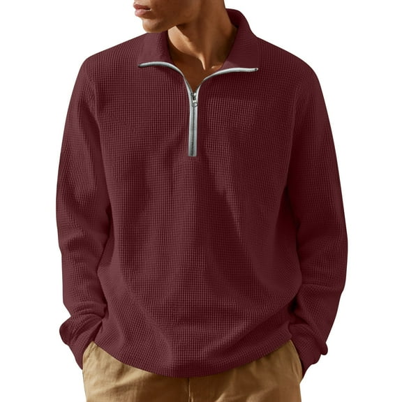 Zimjoy Red Quarter Zip Pullover Men Casual Long Sleeve 1/4 Zipper Fleece Pullover Mens Lightweight Mock Neck Fall 1/4 Zip Sweatshirt Men Texture Waffle Sweatshirt, Deep Red L