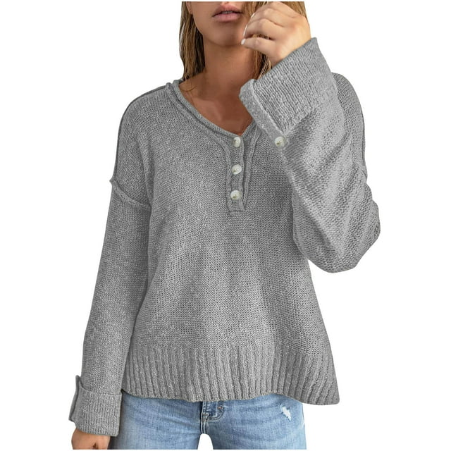 IROINID Women's V-Neck Pullover Sweater Solid Color Comfy Short Length Long Sleeve Button Knit Sweater Coat