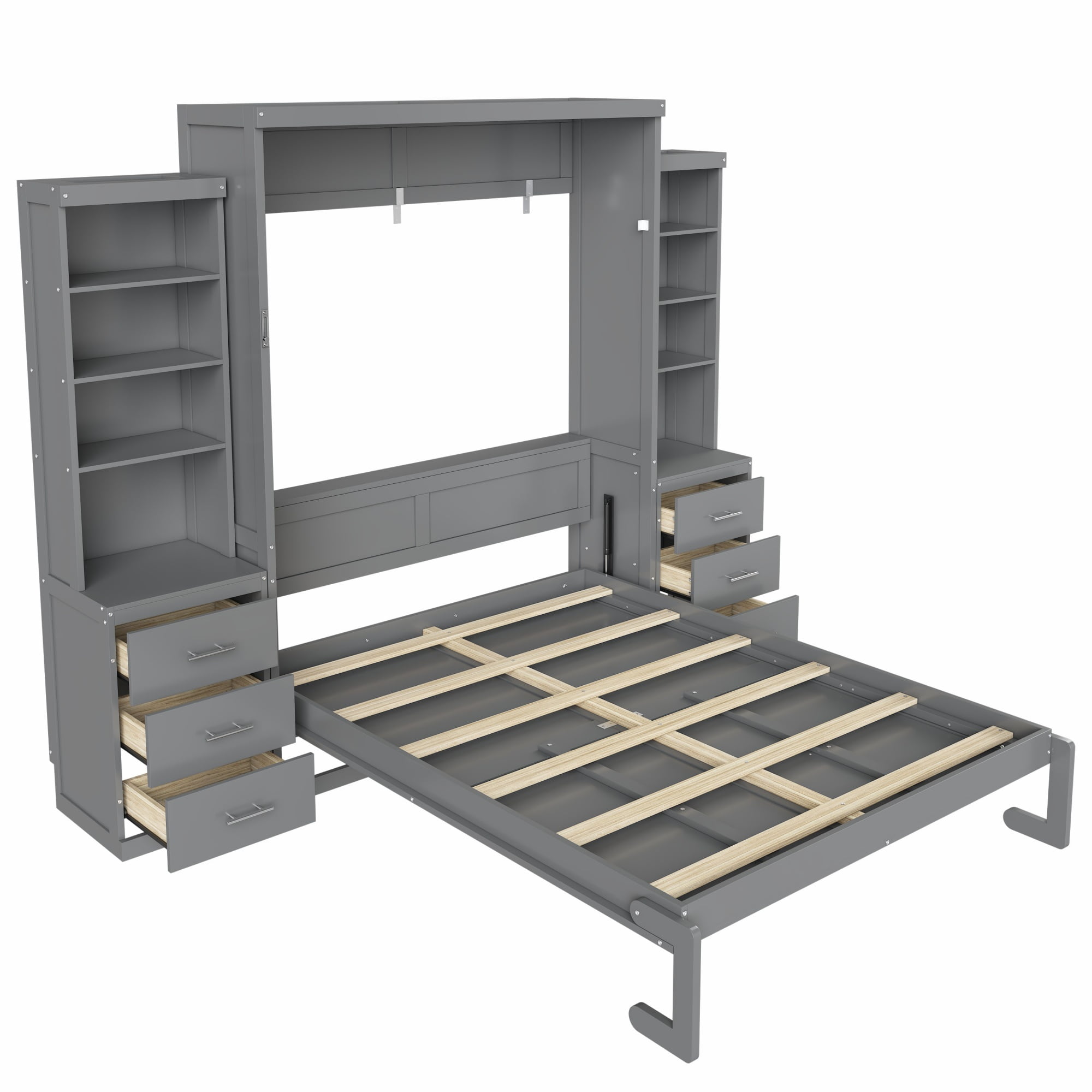 Full Size Murphy Bed with Dual 4 Storage Shelves and 3 Drawers Cabinet for Space-Saving Guest Room