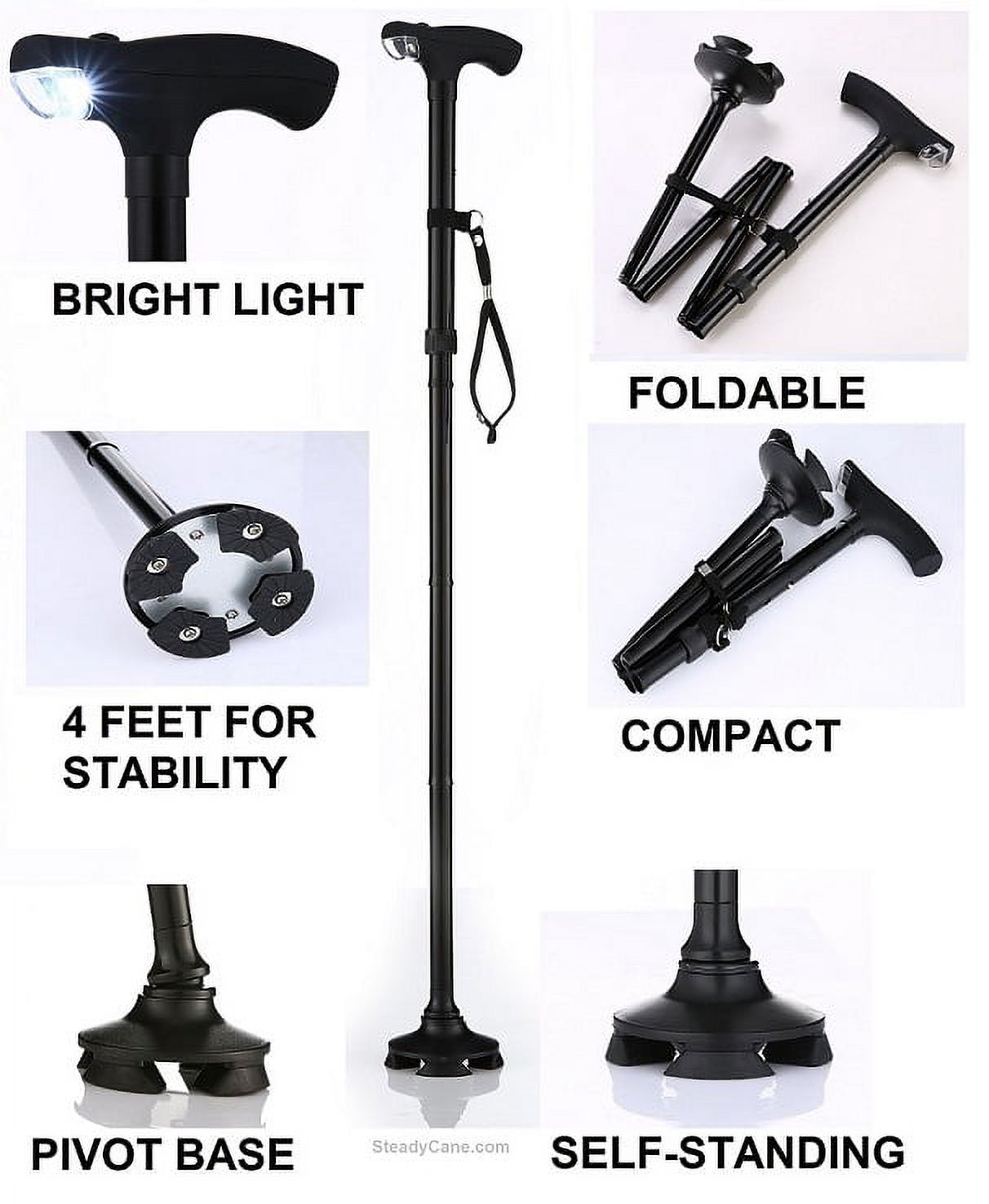 Folding Walking Cane Adjustable LED Light Self Standing Stable Pivot Base - Guaranteed - 4 Feet - Hurry Before They Are Gone - image 3 of 3