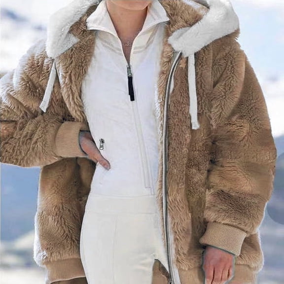 Aoochasliy Womens Jackets and Coats Clearance Plus Size Winter Warm Loose Plush Zip Hooded Jacket Coat