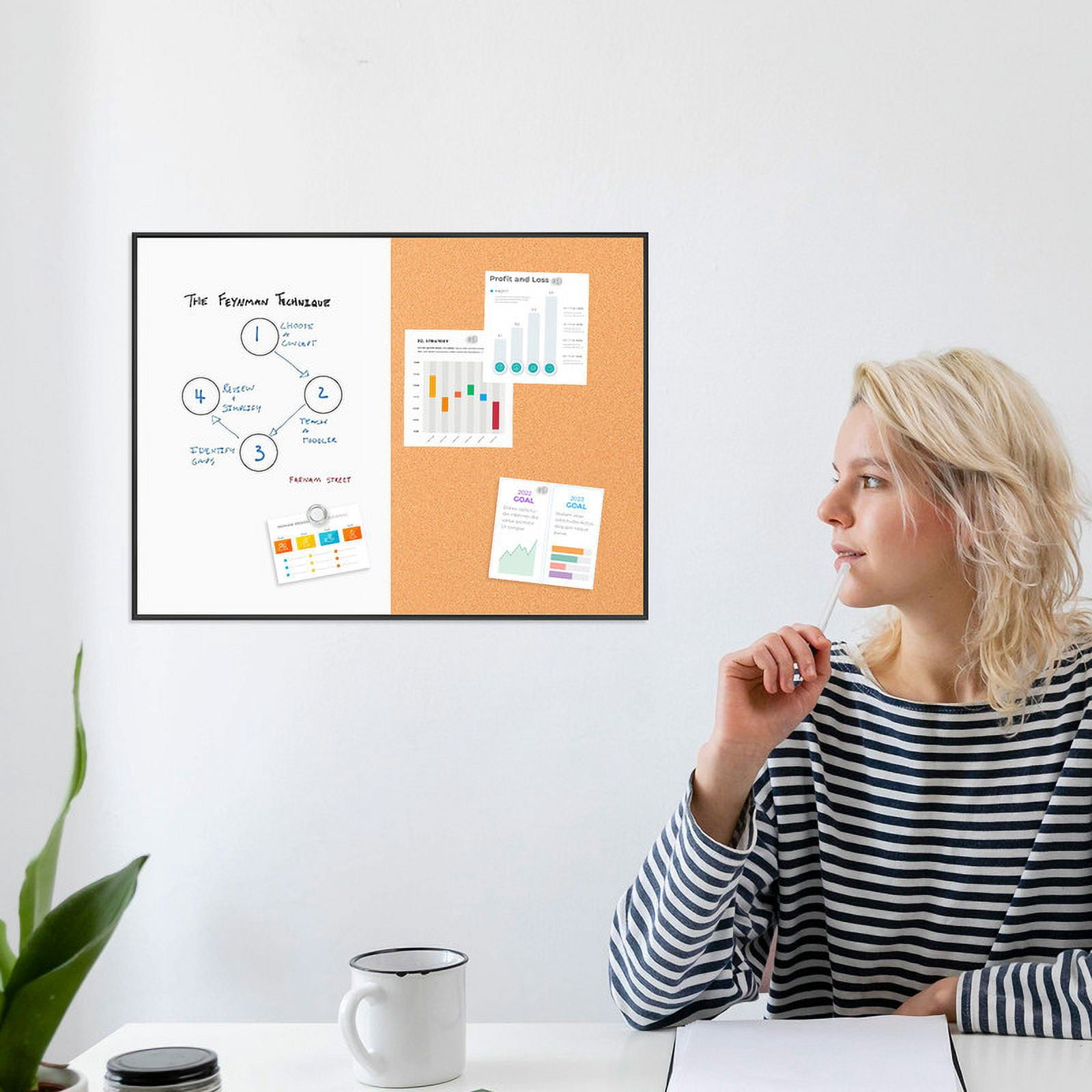 Cork Board White Board Combo, 24"x18" Small Bulletin Board for Wall, Magnetic Dry Erase Corkboard, Vision Whiteboard for Office,Home,School, Black Frame