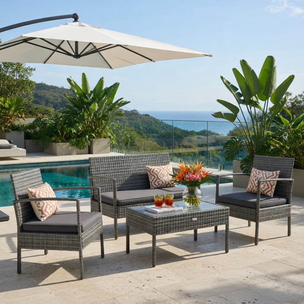 Hommoo 4-Piece Outdoor Rattan Patio Conversation Set with Steel Frame, Thick Cushions & Tempered Glass Coffee Table for Backyard, Poolside & Balcony, Gray