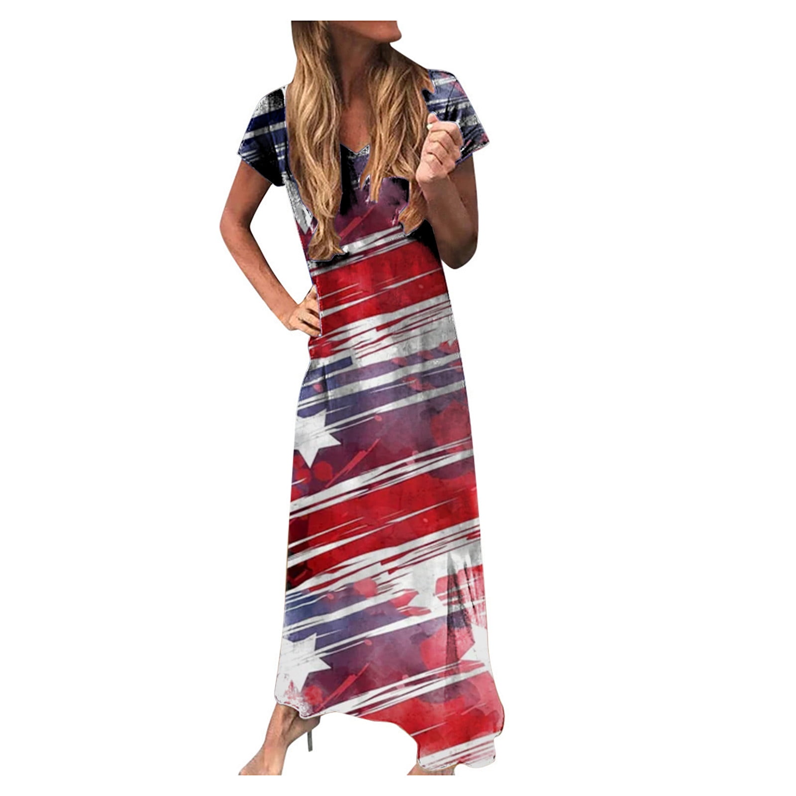 Fridja Women's Casual Maxi Dress Stripe Sleeveless Long Dress, USA Flag