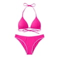 thumbnail image 7 of Women's Solid Color Lace Triangle Bikini Set Halter Adjustable Ties Backless Two-Piece Swimsuit Hot Pink XL(XL), 7 of 7