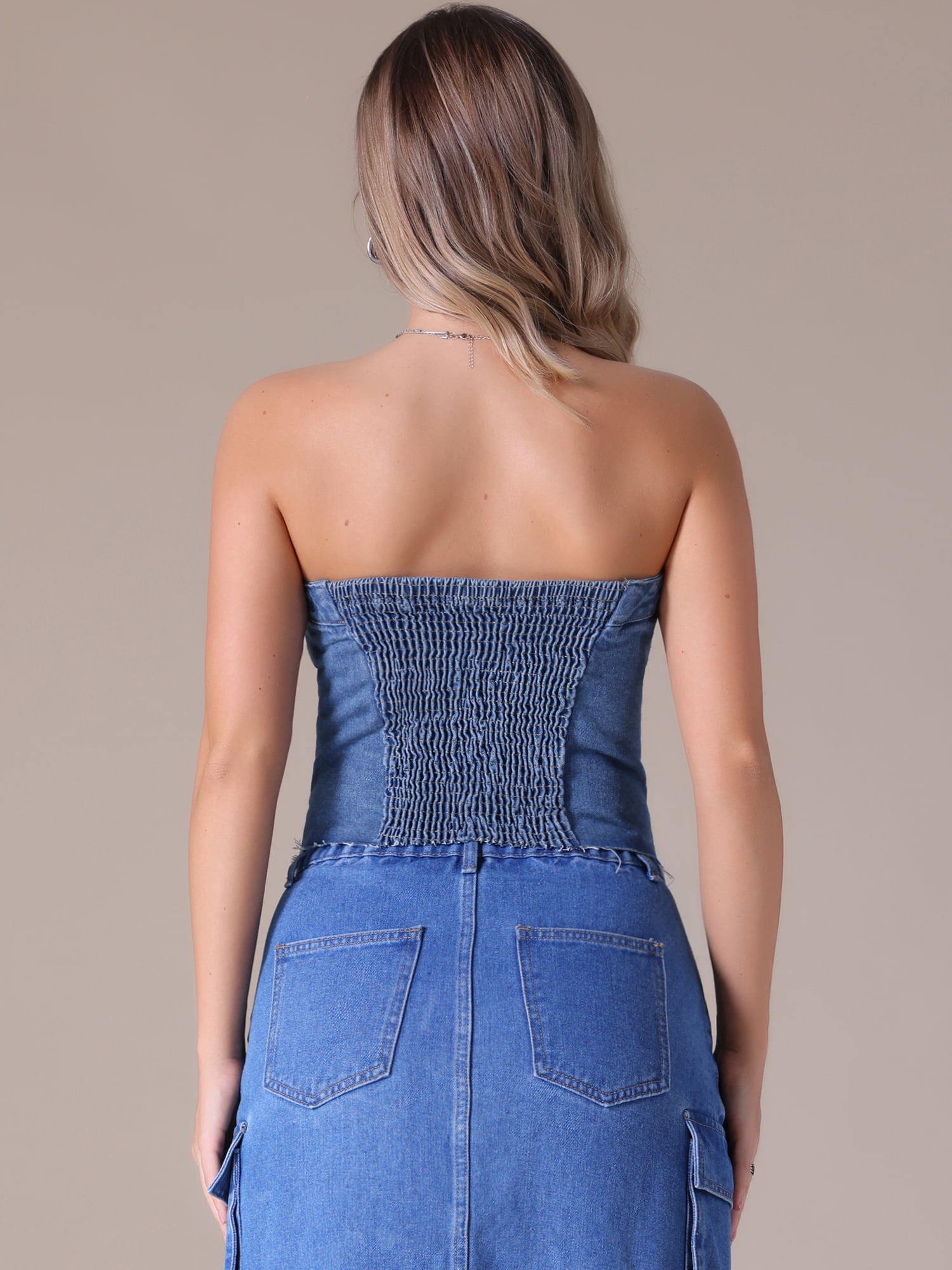 DARING DIVA Denim Tube Button Front Raw Hem Crop Strapless Bandeau Top XL Blue