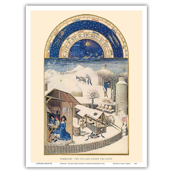 February: Village Under Snow - Book of Hours (Très Riches Heures) - Vintage Illuminated Manuscript by Limbourg Brothers c.1416 - Master Art Print (Unframed) 9in x 12in