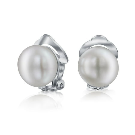 - White Freshwater Cultured Pearl Clip On Ball Stud Earrings For Women 925 Sterling Silver Non Pierced Ear