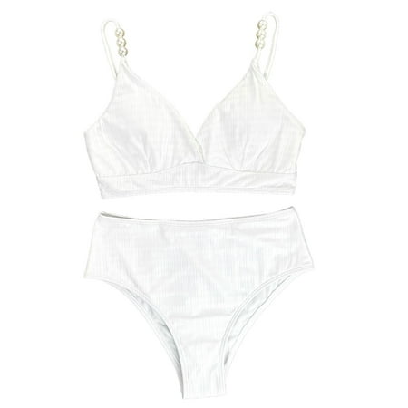 Blphud Ladies Swimsuits Bikini Women s Split Swimwear Elegant Pearl Simple Bikini Swimwear Womens Underwear String Bikini Swimsuit Set plus Size Bikini White S