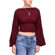 FREE PEOPLE $68 Womens New 1144 Burgundy Bell Sleeve Crop Top Sweater L B+B