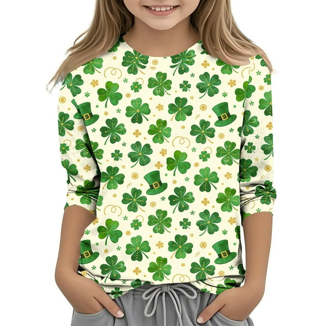 Tauxra Chandail de la Saint-Patrick pour Adultes, T-Shirt à Manches 3/4 Imprimé Col Rond, T-Shirt Graphique Trèfle Décontracté à Manches Longues pour Activités Festives