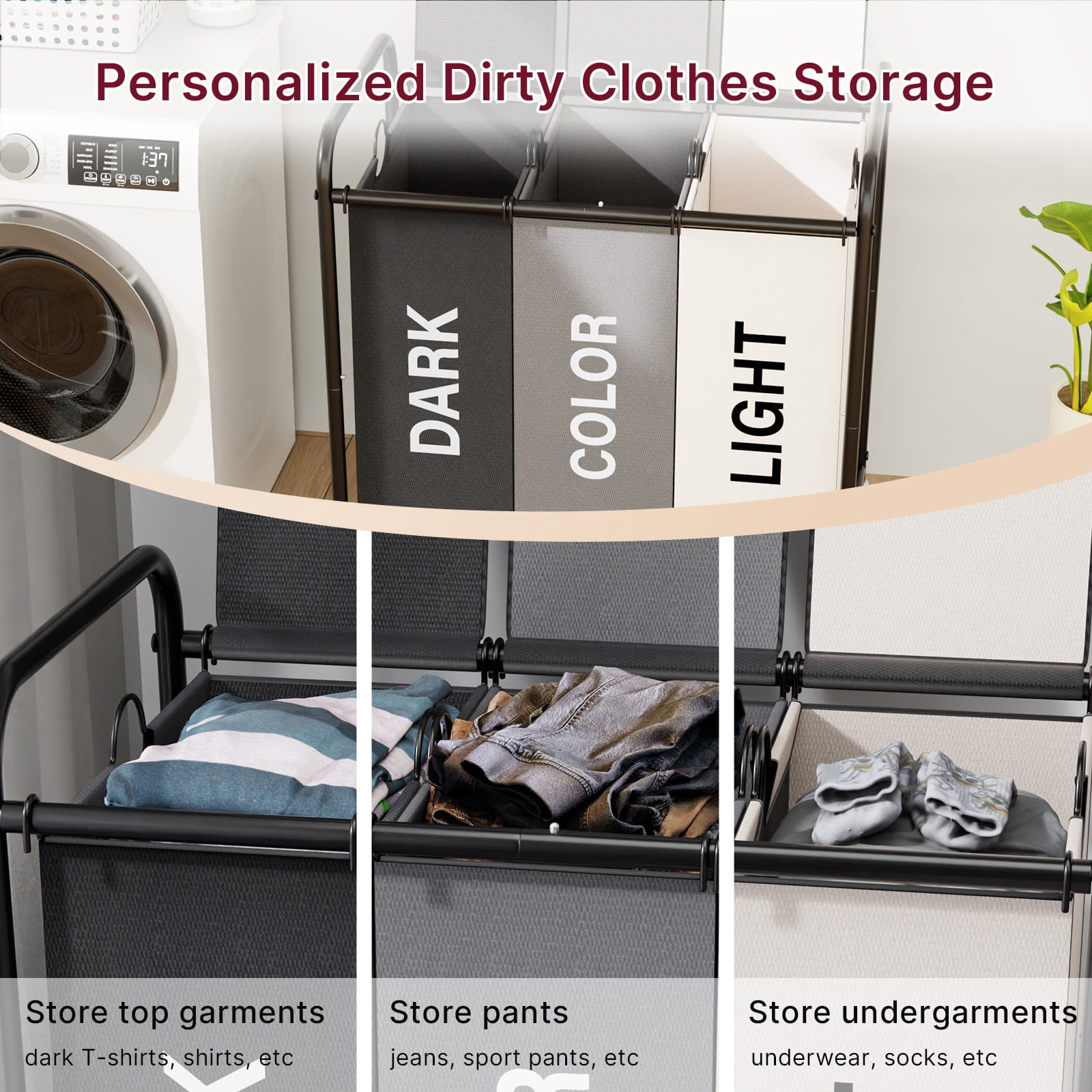 180L (47.55 Gal) Laundry Sorter 3 Section, Rolling Laundry Basket with Lockable Wheels and Lid, Laundry Hamper with 3 Separated Removable Bags Dirty Clothes Hamper for Laundry Room, Multicolored