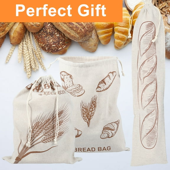 3Pcs Bread Bags for Homemade Bread Cotton Linen Bread Bags Homemade Bread Storage Bags with Drawstring Unbleached and Reusable Bread Bags for Sourdough Bread Storage