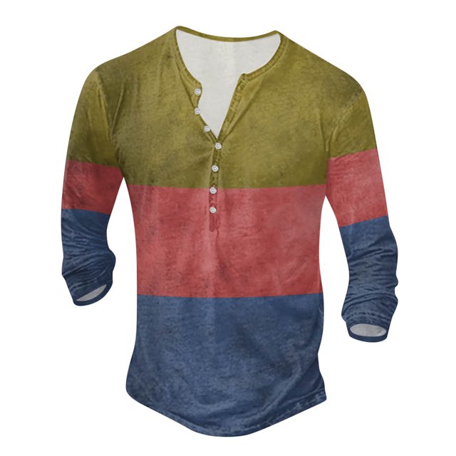 T-Shirt Homme Patchwork Couleur Col Rond Boutonné Grande Taille Imprimé Numérique Manches Longues Chemises Hommes Vert TG