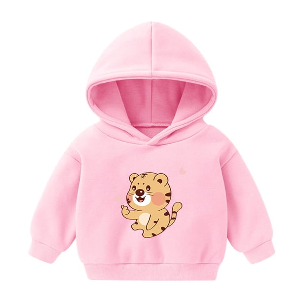 Honeeladyy - Sudadera con capucha para niños y niñas, informal, de color liso, con estampado de dibujos animados, de forro polar, de manga larga, cálida, para otoño (rosa, 6-7 años)