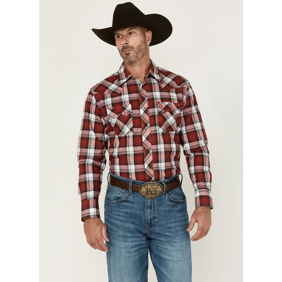 Wrangler Men's Retro Plaid Print Long Sleeve Snap Western Shirt Burgundy