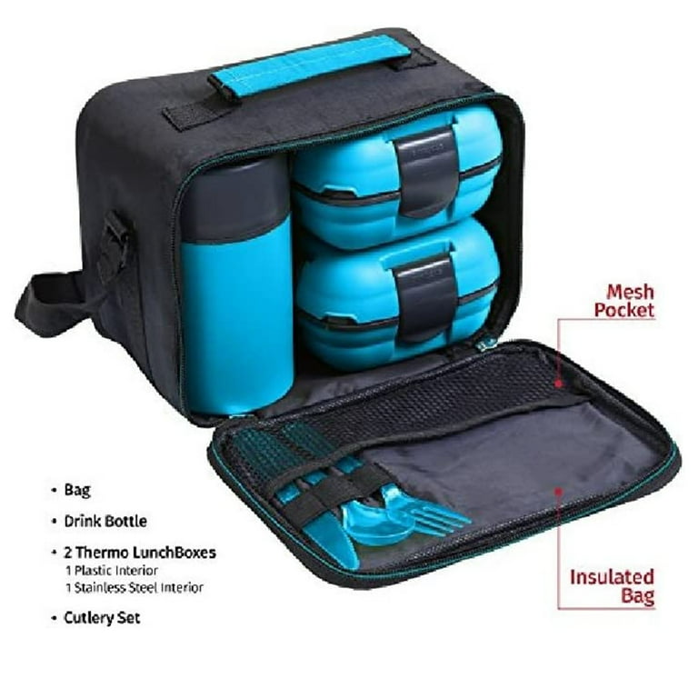 Pinnacle Thermoware Lunch Box Bag Set for Adults and Kids, Blue, Plastic  and Stainless Steel, Matching Cutlery