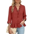 thumbnail image 4 of CLOISE 3/4 Length Sleeve Womens Tops Blouses Dressy Casual Plus Size Ruffle Shirts Solid Color V Neck Pullover Cotton Blend Elegant Fall Clothes Red 3XL, 4 of 6