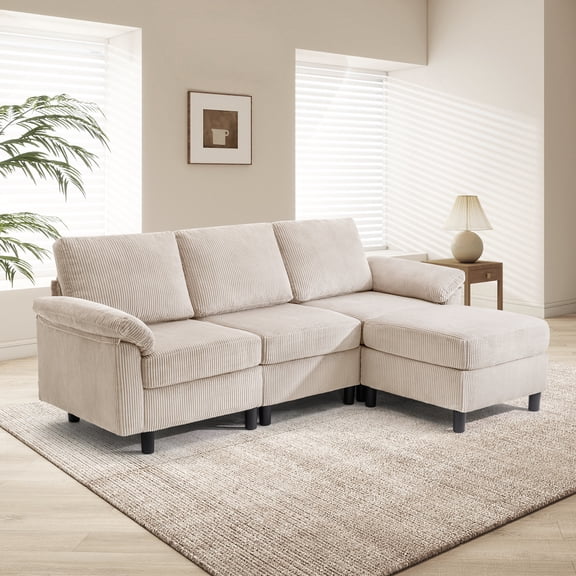 SAETSFEG Sectional Sofa, L-Shape 3-seat Couch with Movable Ottoman, Modern Storage Modular Sofa for Living Room,Beige