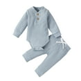 thumbnail image 3 of Gelikeya Baby Boy Girl Clothes 3-6 Months Light Blue Ribbed Knitted Cotton Long Sleeve Romper Pants 2PC Solid Color Fall Winter Outfits, 3 of 10