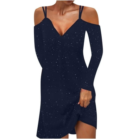 

COBKK Womens Dresses Trendy Long Sleeve V-Neck Dress Sexy Women Summer Casual Loose Full Sleeve Shiny Sequins V Neck Hollow Stapless Solid Sling Dresses For Women Flowy Navy M