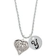 thumbnail image 1 of Delight Jewelry Silvertone Large Open Filigree Heart Silvertone Script Initial Disc - Y - Charm Necklace, 20"+3", 1 of 4