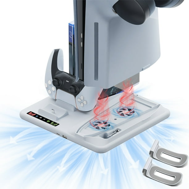 Para la base de refrigeración PS5 Slim con estación de carga para dos mandos, potente ventilador de refrigeración de 3 niveles con ranura para 6 discos + 2 ganchos para auriculares