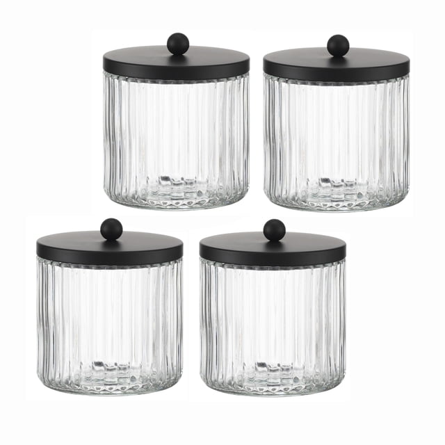 KMwares Juego de 4 dispensadores de vidrio Qtip para hisopos de bolas de algodón, almohadillas redondas, púas de hilo dental, organización de almacenamiento de recipientes de baño y organizador de maq