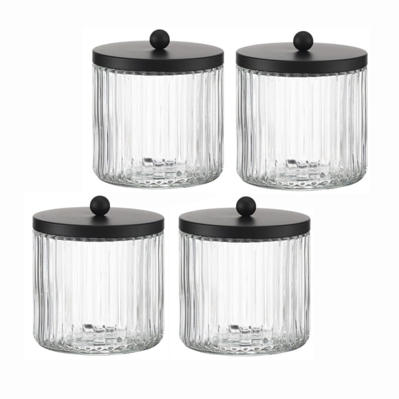 KMwares Juego de 4 dispensadores de vidrio Qtip para hisopos de bolas de algodón, almohadillas redondas, púas de hilo dental, organización de almacenamiento de recipientes de baño y organizador de maq