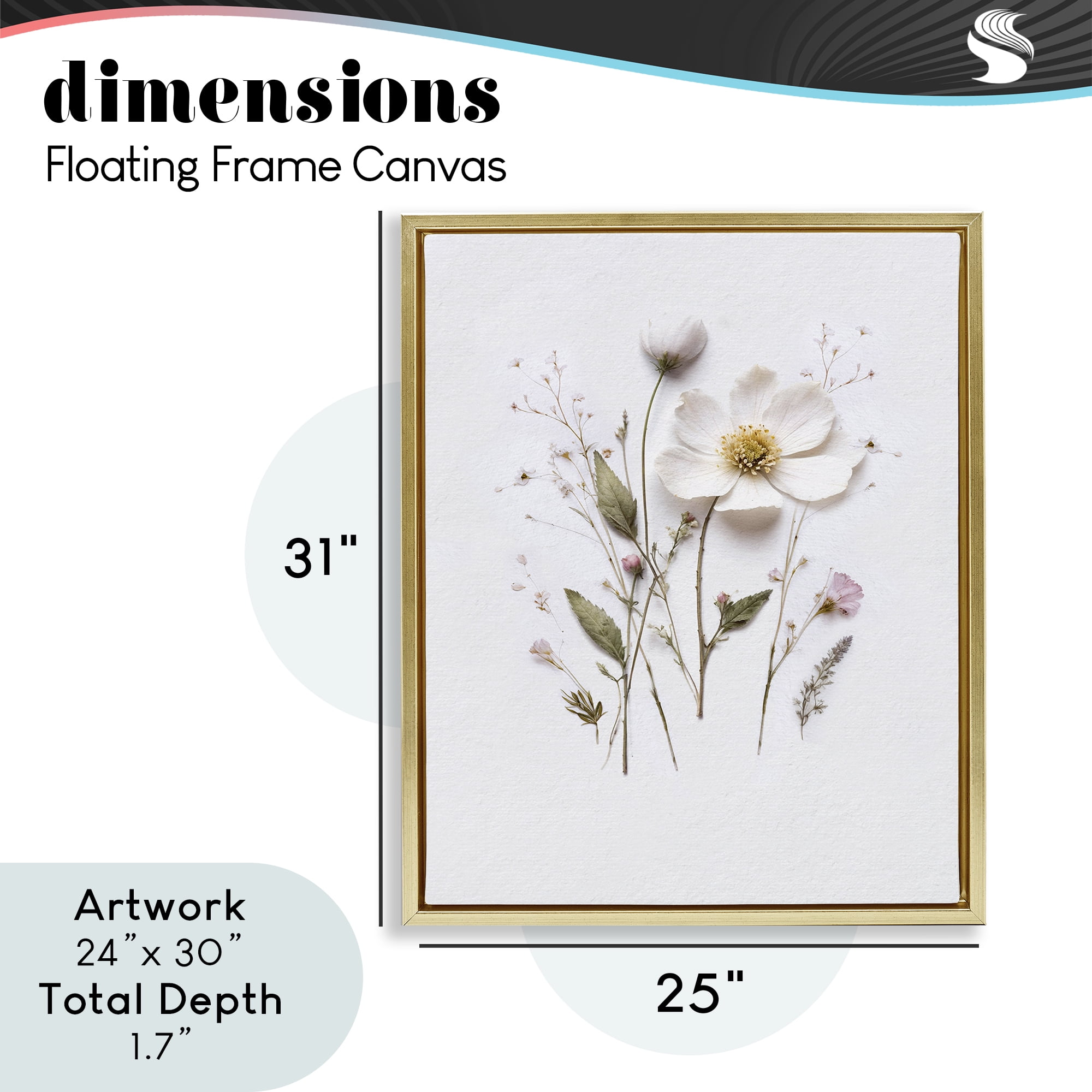 Delicate Pressed Flower Sprigs Gold Framed Floater Canvas Wall Art, design by Lettered and Lined