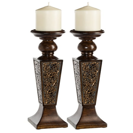 Schonwerk Pillar Candle Holder Set of 2- Crackled Mosaic Design- Functional Table Decorations- Centerpieces for Dining/Living Room- Best Wedding Gift