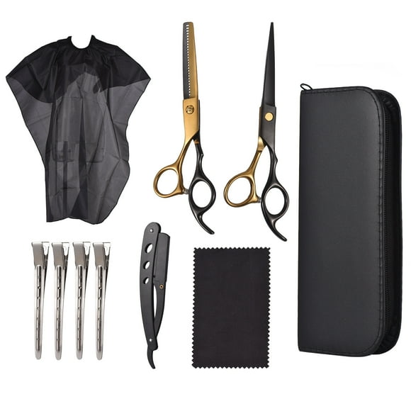 Professional 10-Piece Hair Cutting Kit: Stainless Steel Flat & Thinning Scissors, Folding Safety Razor, 4 Hair Clips, Barber Cape, Cleaning Cloth, and Portable PU Leather Storage Bag – Ergonomic