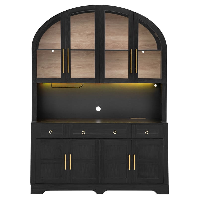Arched Kitchen Pantry Cabinet with LED Lights & Charging Station, 55" Farmhouse Hutch Storage Cabinet with Glass Doors, Drawers, Adjustable Shelves & Barn Doors for Kitchen, Dining Room