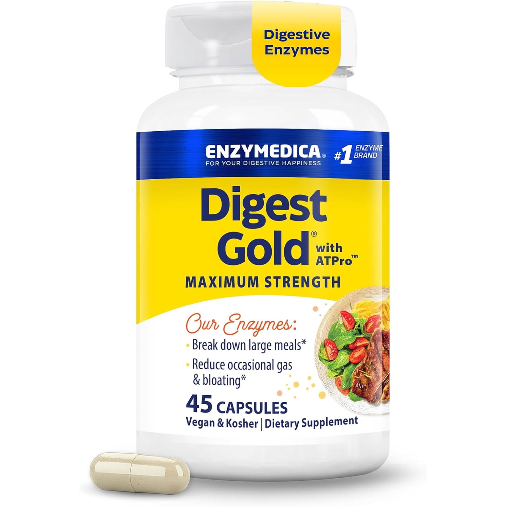 Enzymedica Digest Gold + ATPro, Maximum Strength Enzyme Formula, Fast-Acting, Helps Digest Large Meals, Prevents Bloating and Gas, 45 Capsules