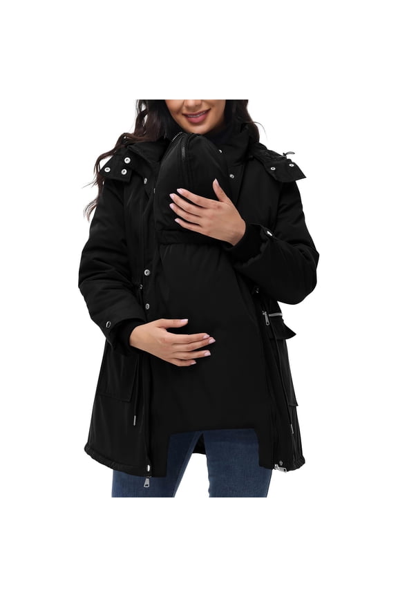 Maternity 3 In 1 Winter Coat Women Thicken Warm Zip Up Hooded Quilted Jackets Pregnant Thermal Fleece Lined Padded Coats Cold Weather Outerwear Parka with Pockets