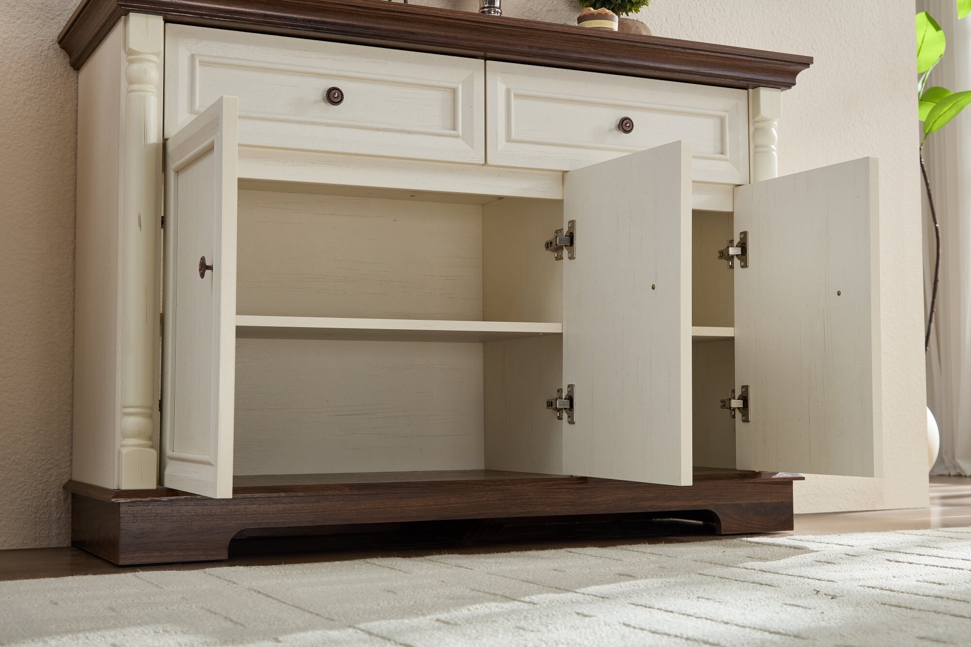 AENKYO Farmhouse Buffet Cabinet with Storage and Charging Station, Rustic Sideboard for Dining or Living Room, Antique White
