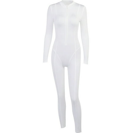 

Women Bodycon Long Jumpsuit Sexy Solid Color Long Sleeve One-Piece Zip Up Skinny Yoga Bodysuit Romper