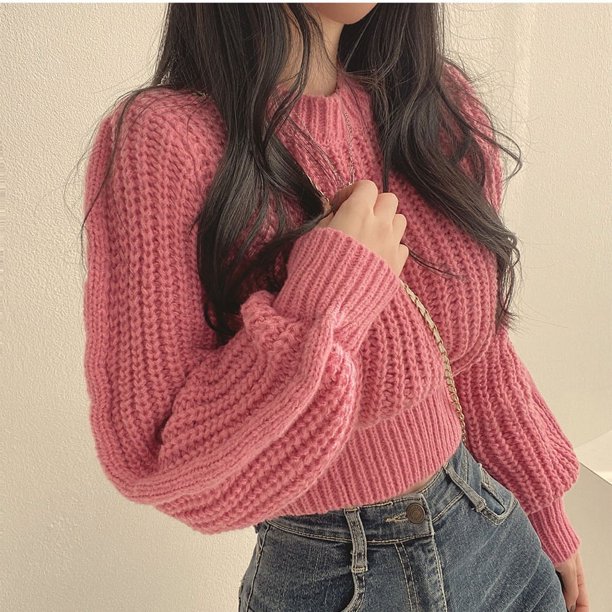 Suéter Vintage de manga larga con farol para mujer, prendas de punto coreanas para otoño e invierno, jersey con cuello redondo, Tops elegantes a la moda, jersey liso para mujer