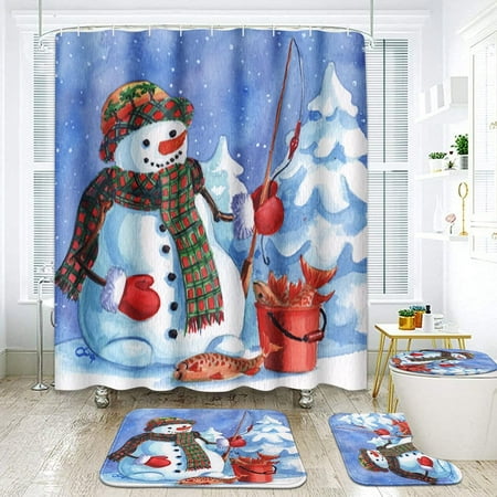 ZHANZZK Christmas Fisherman Fishing Rod Full Bucket 4 Piece Bathroom Set Shower Curtain Bath Rug Contour Mat and Toilet Lid Cover