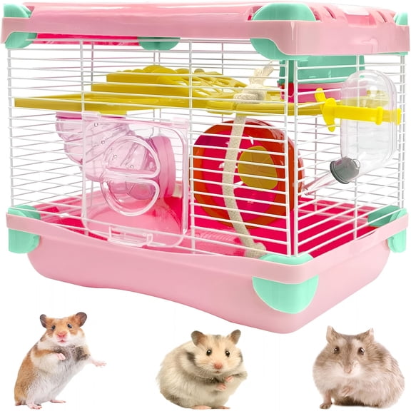 XIBUFE Portable Hamster Cage 2 Layers Dwarf Hamster Habitat Small Animal Travel Cage with Exercise Wheel Hamster Enclosure Mouse Cage for Hamsters Mice Gerbils Or Other Tiny Pets