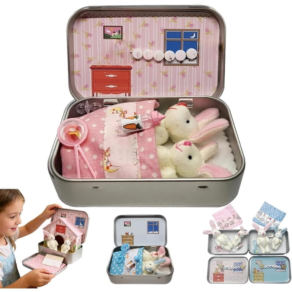 Little Pocket Bunny Decorative Tin Set – Easter Basket Filler & DIY Pet Adoption Theme, Adorable Rabbit Plush in a Decorative Box for Holiday Gifting（Pink）