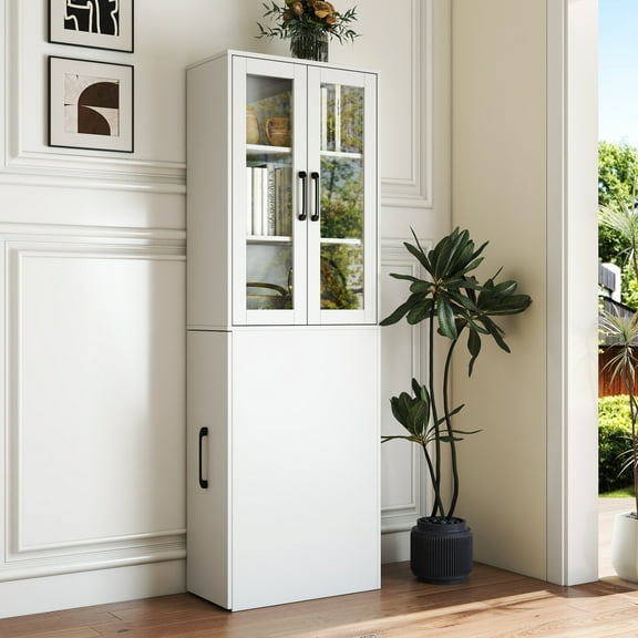 Noble House Fergus 70.87" Pantry Display Cabinet, 4-Tier Pull-Out Shelves & Glass Doors, Compact Wood Storage, White