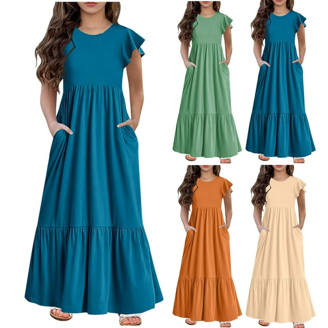 Tranfacy Robes d'Été pour Ados, Robes d'Été pour Filles, Robe d'Été pour Filles de 6 à 12 Ans à Manches Courtes, Col Rond, Décontractée, à Pois, Robe Longue Ample et Confortable