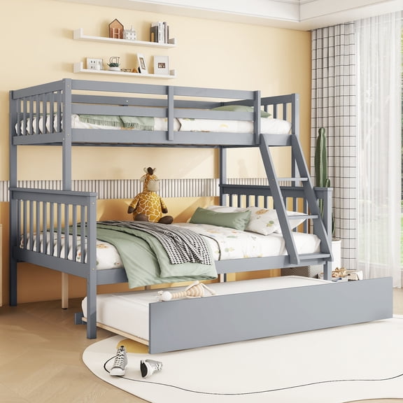 Euroco Twin over Full Bunk Bed with Trundle, Convertible Ladder and Guardrail, Detachable Wood Bed, Grey