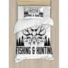 Ambesonne Hunting Fishing Vintage Emblem Design Antler Horns Mallard Pine Tree Duvet Set
