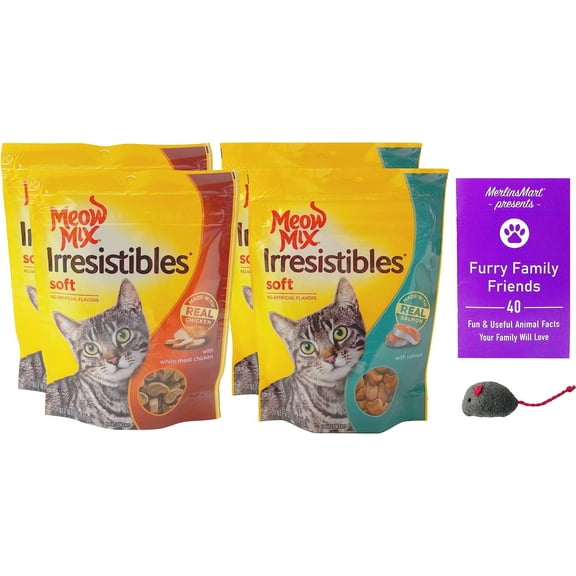 Meow Mix Irresistibles Soft Cat Treats 2 Flavor 4 Pouch Variety Pack (2 Each): Salmon, White Meat Chicken   MerlinsMart Zine | Catnip Toy