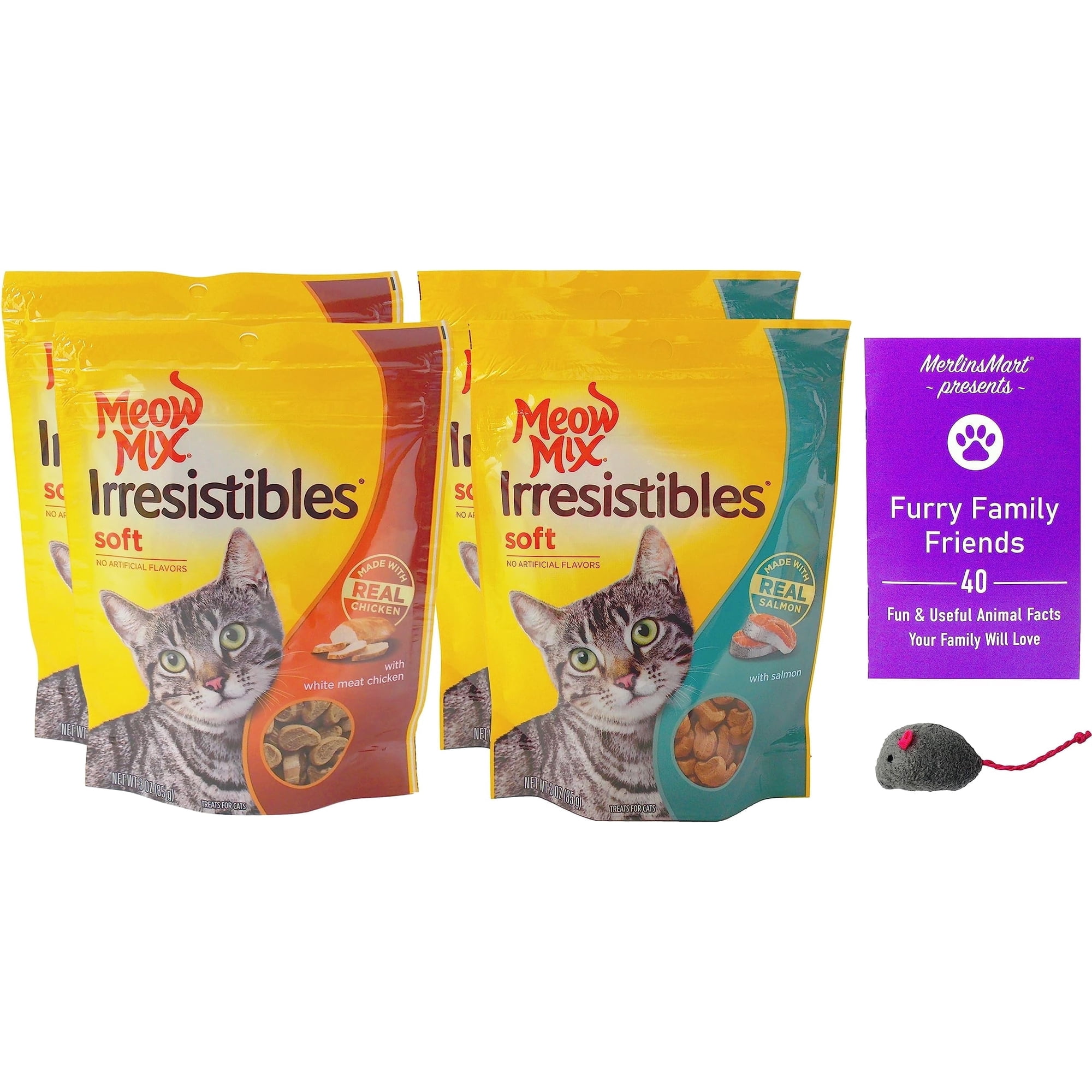Meow Mix Irresistibles Soft Cat Treats 2 Flavor 4 Pouch Variety Pack (2 Each): Salmon, White Meat Chicken + MerlinsMart Zine | Catnip Toy