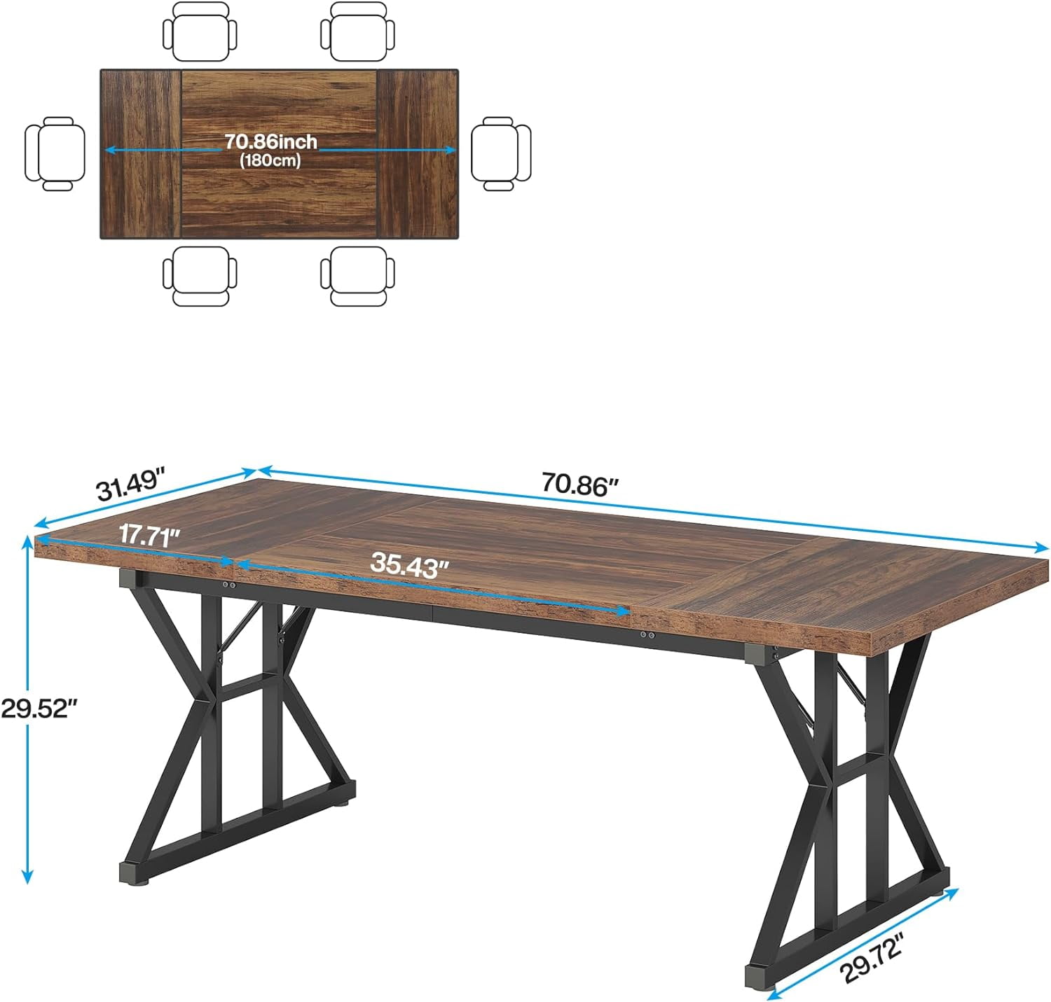 Finmind Farmhouse Dining Table for 6, 71" Rectangular Wood Kitchen Table for Dining Room, Kitchen(Brown/Black)